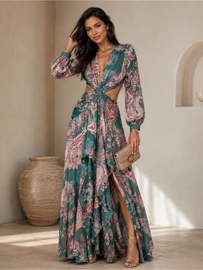 Green Paisley Cutout Maxi Dress with Long Sleeves